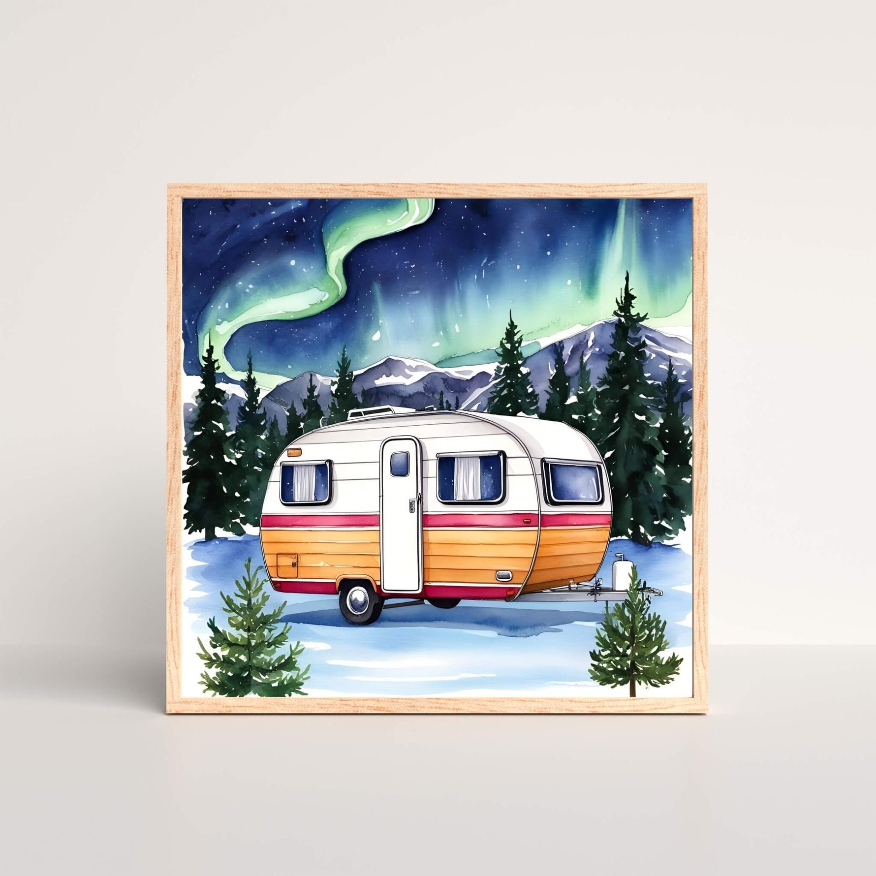 Northern Lights Winter Camper Art Print featuring a snowy retro trailer parked in a pine forest under glowing auroras, ideal for winter wanderlust enthusiasts.