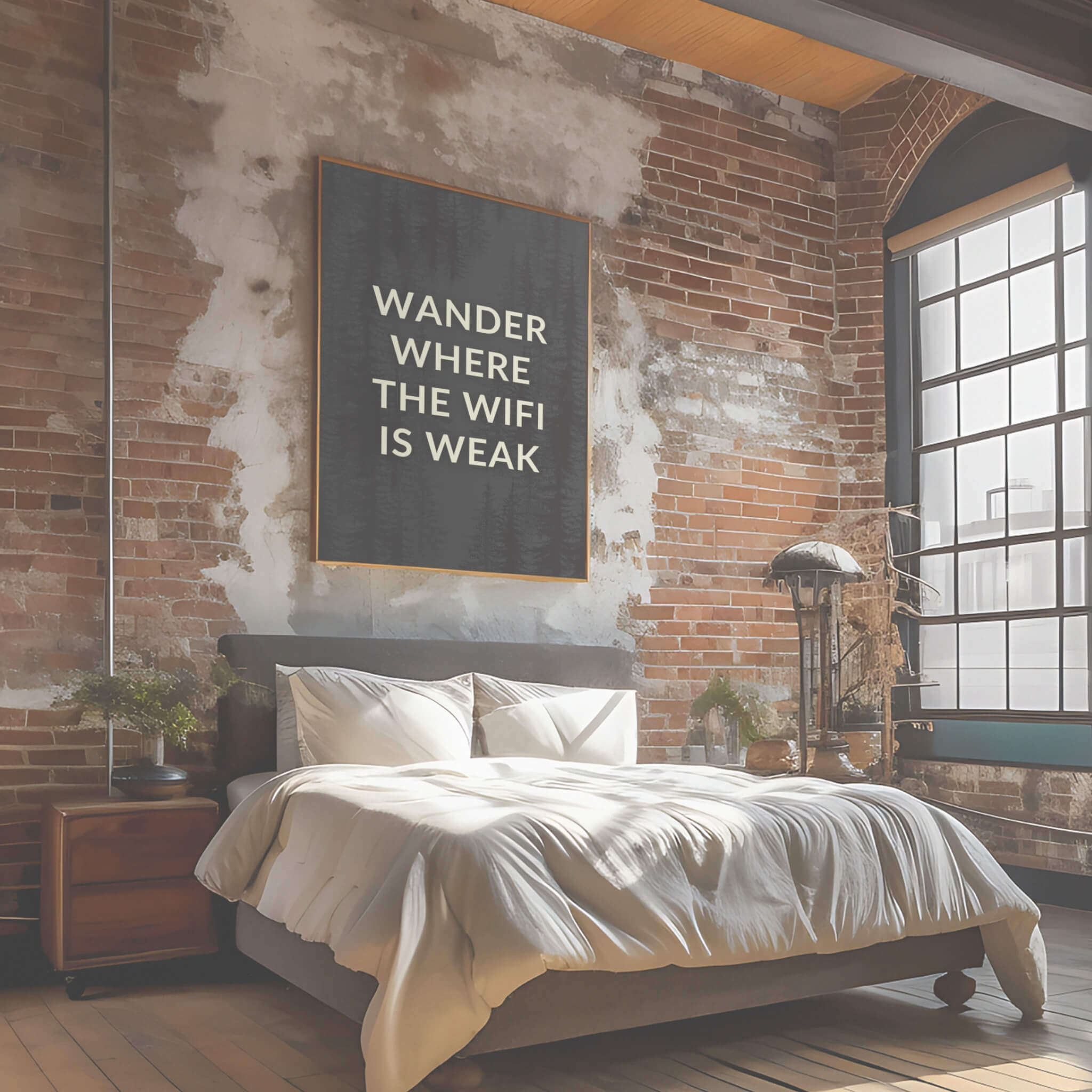 Wander Where the Wifi is Weak Fine Art Print in a black picture frame leaning against a wall and sitting on a oak wood floor