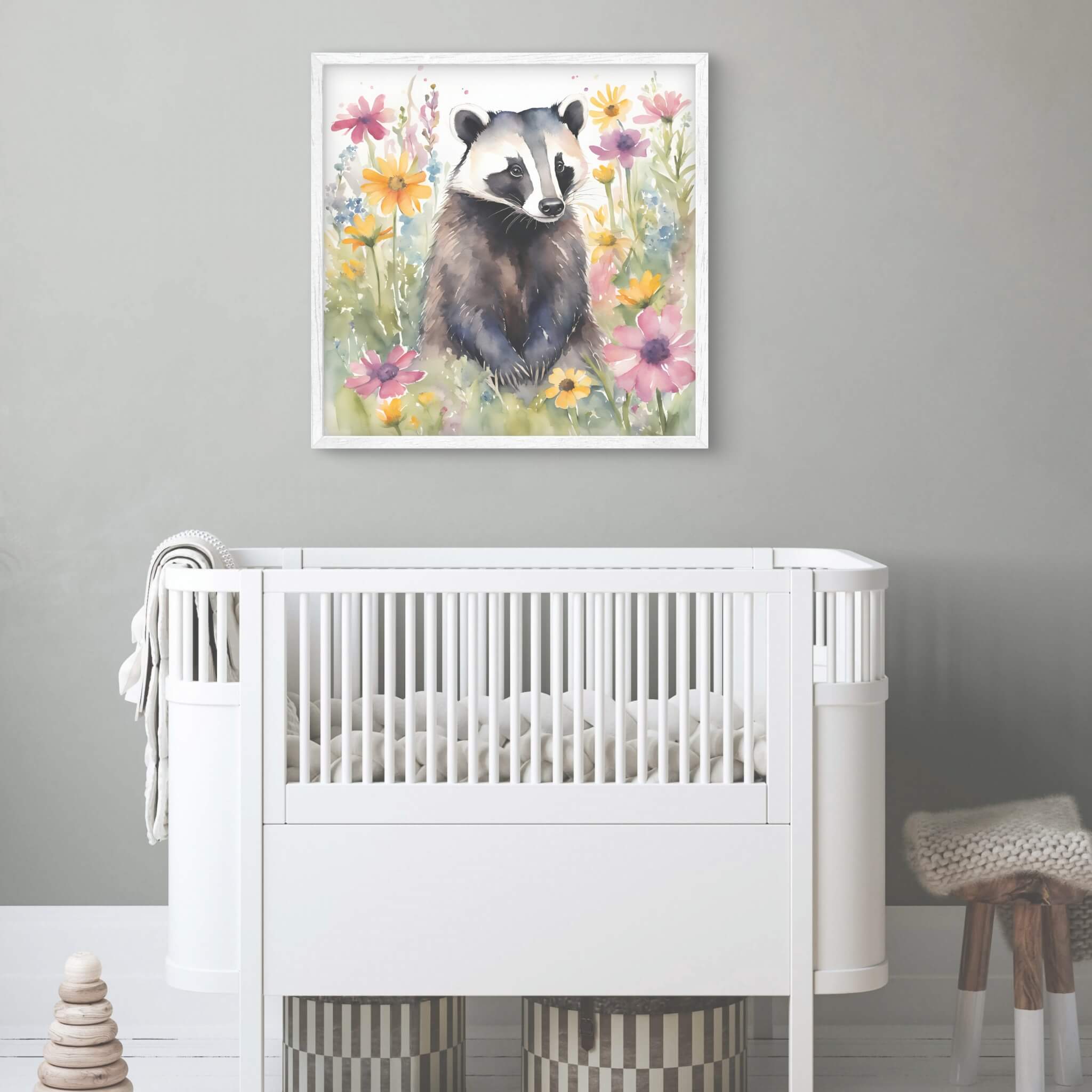 a painting of a badger in a field of flowers