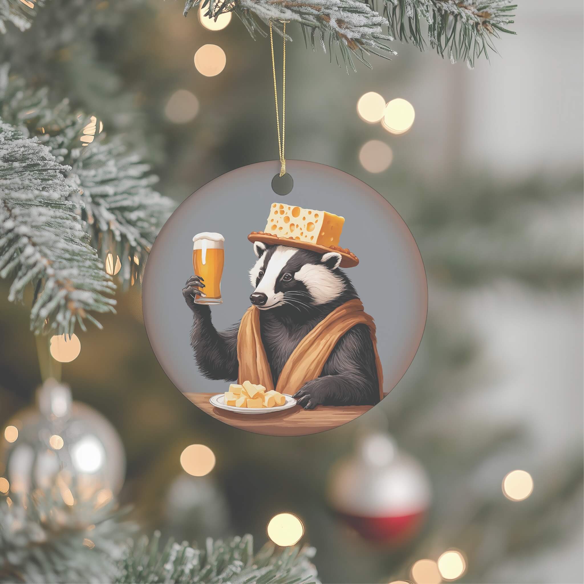 a christmas ornament with a raccoon holding a glass of beer