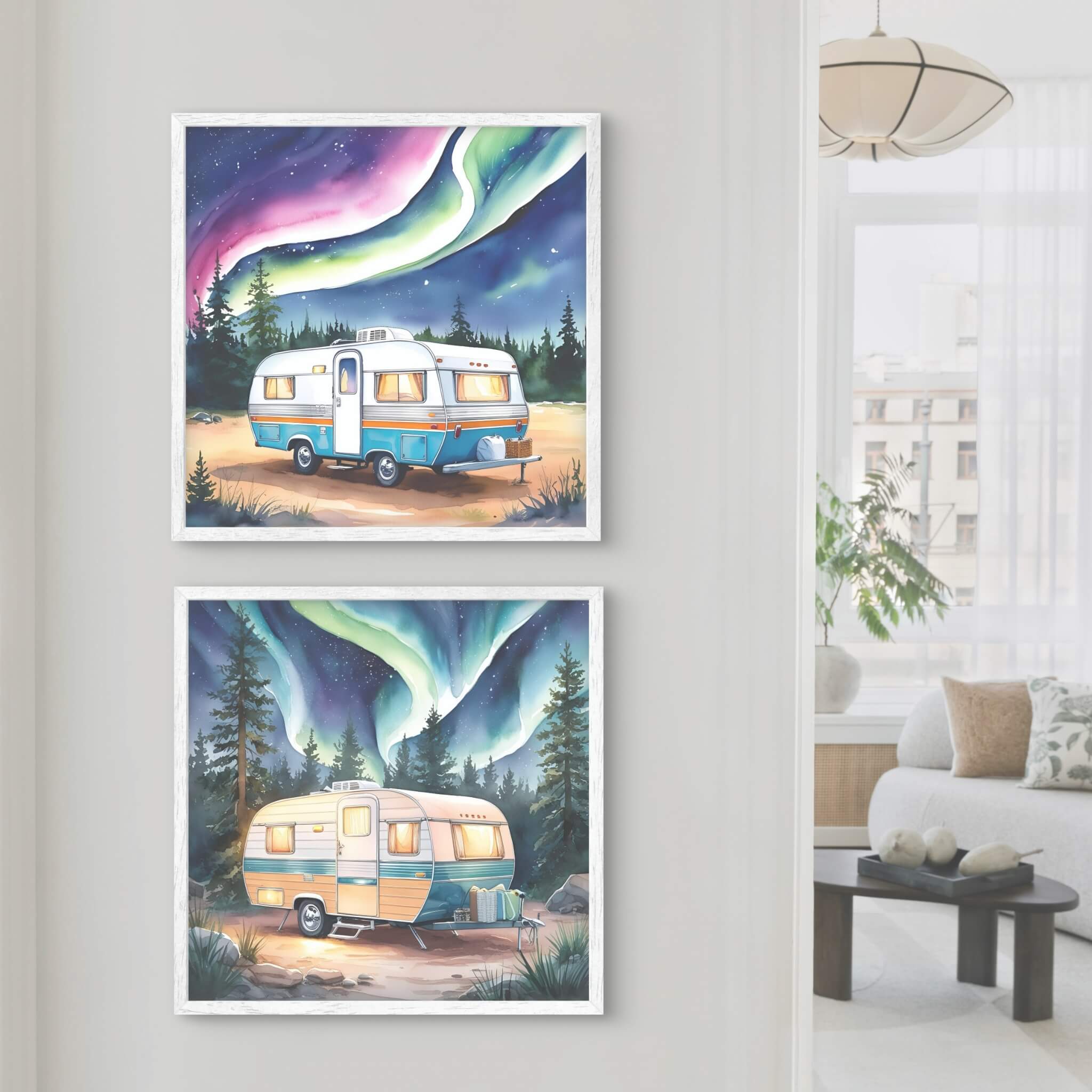 Collection of travel art prints featuring retro campers, Northern Lights, and scenic forest landscapes