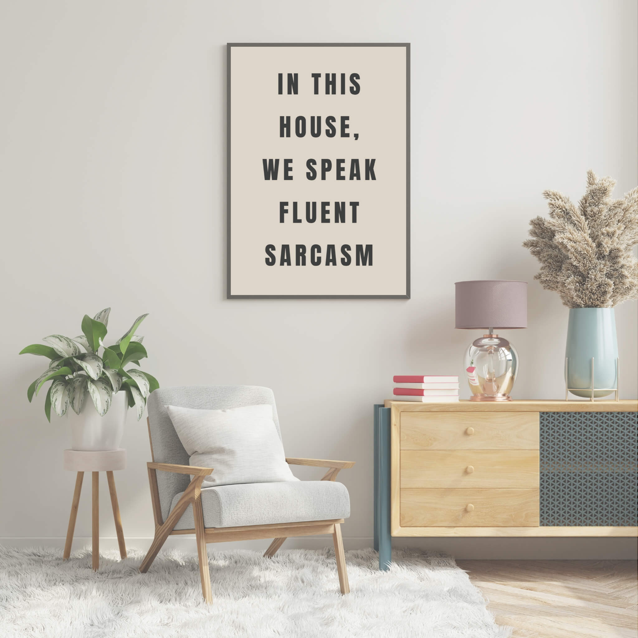 a black and white poster with the words in this house, we speak fluent