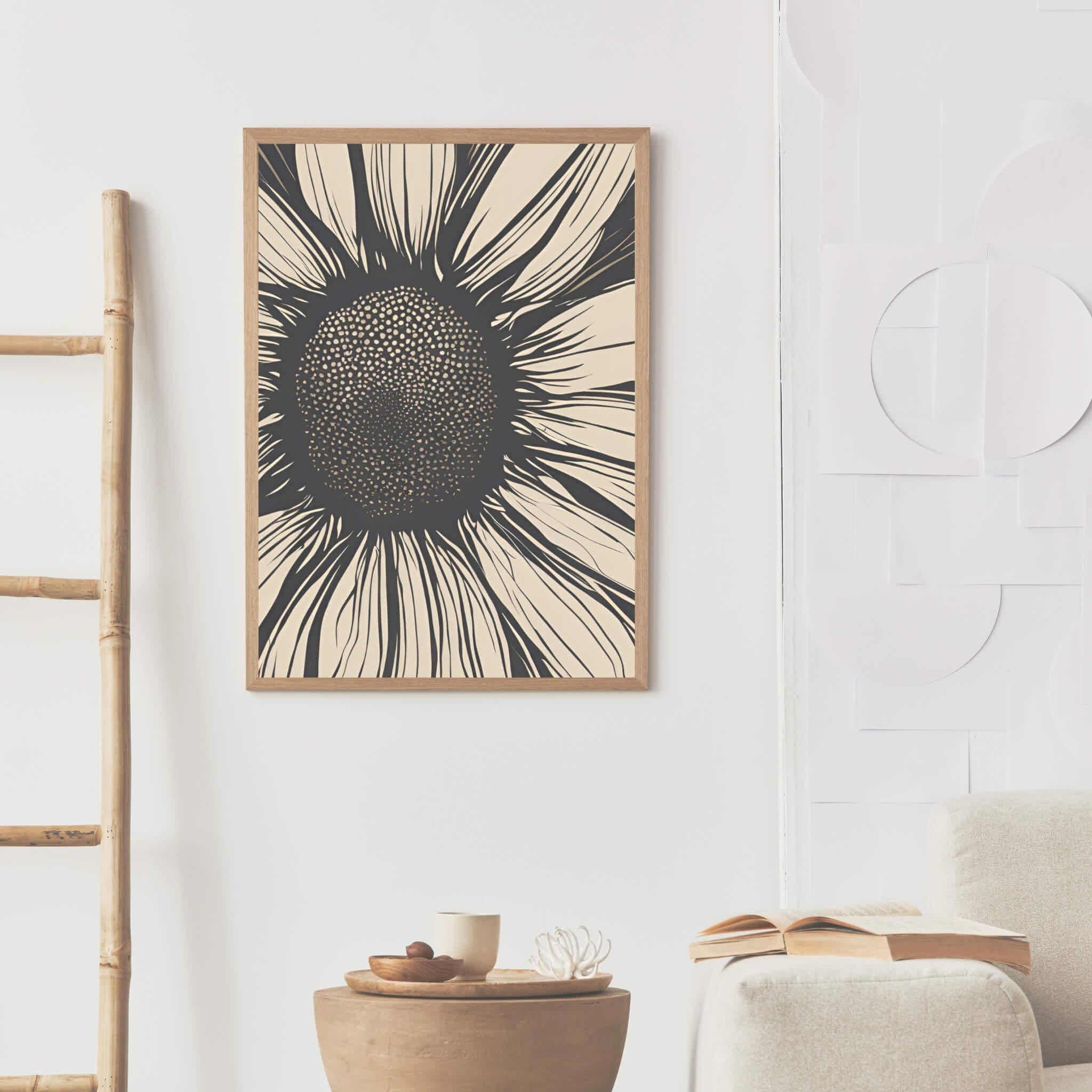 Botanical Prints collection featuring a detailed, minimalist art print of a sunflower with intricate petal designs in black and beige tones, perfect for modern home decor.