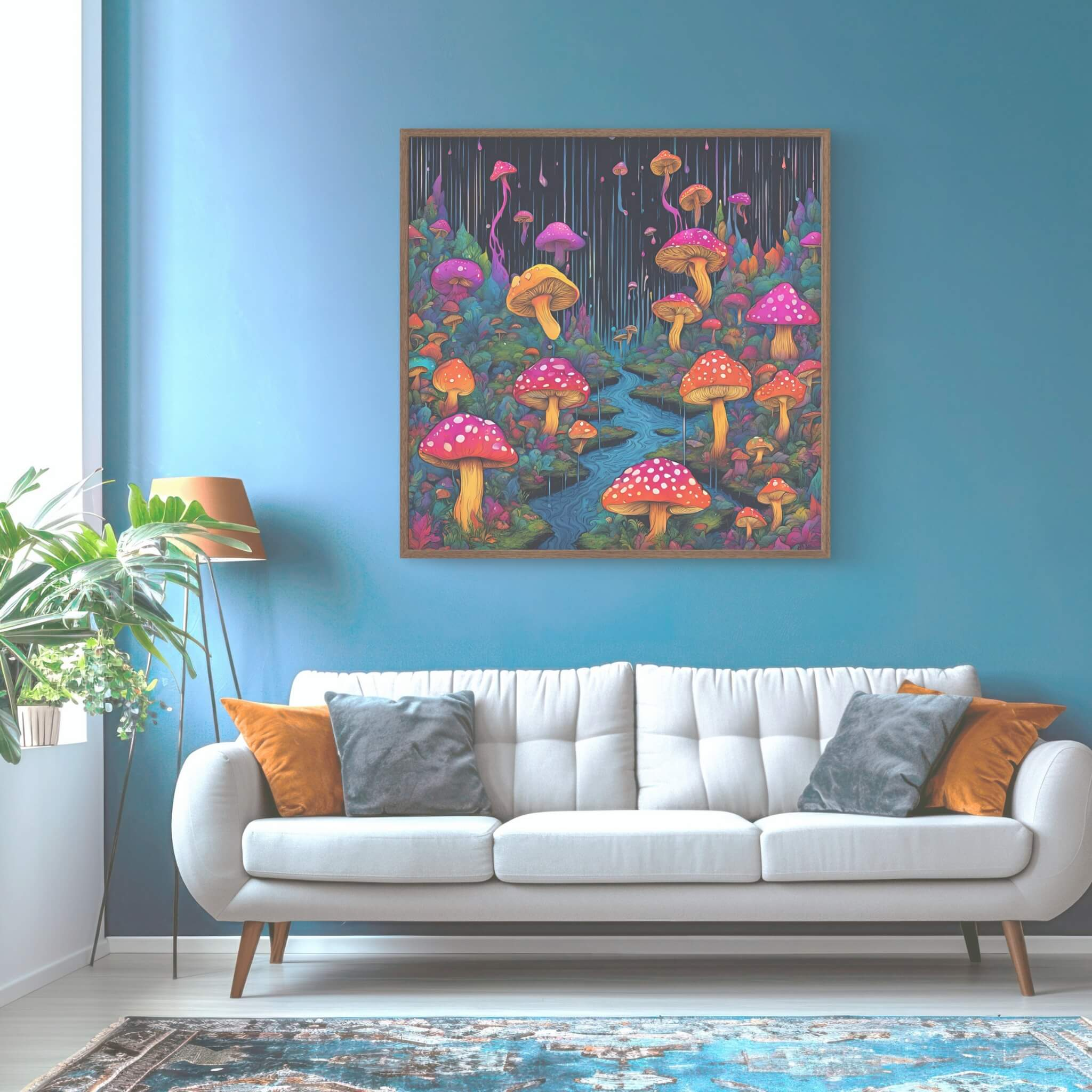 a painting of mushrooms and stream in a forest