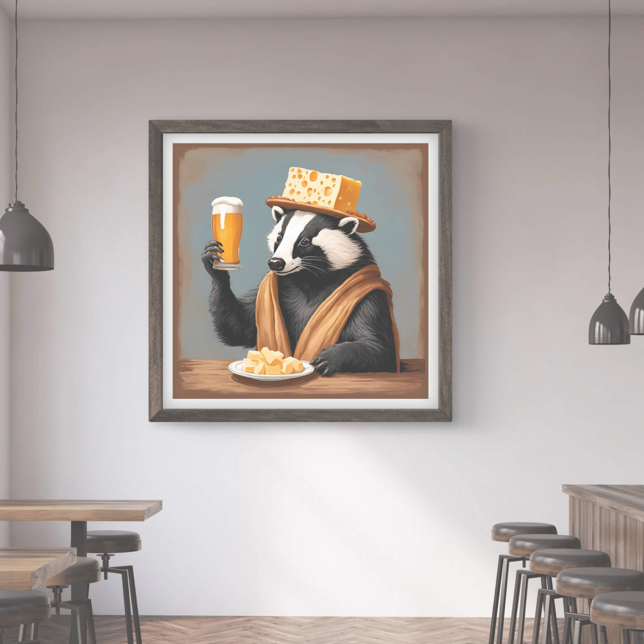 a painting of a raccoon holding a glass of beer