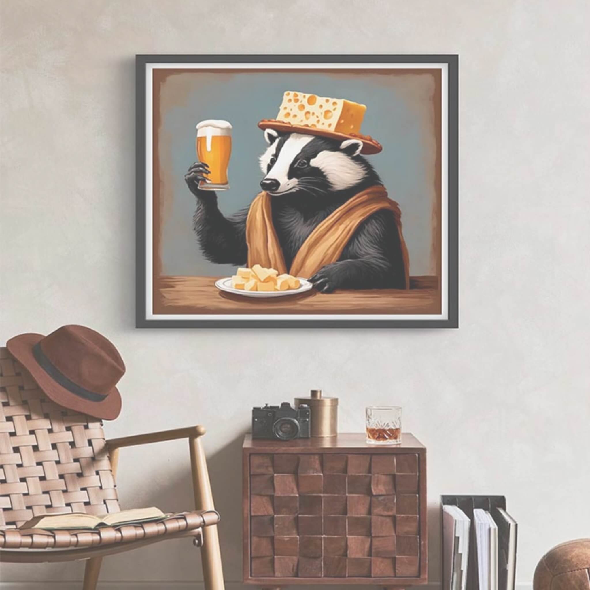 a painting of a badger holding a glass of beer