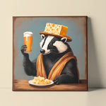 A gallery wrapped canvas of a badger wearing a cheese head hat holding a glass of beer leaning up against a wall