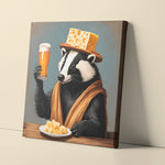 A gallery wrapped canvas of a badger wearing a cheesehead hat holding a glass of beer leaning up against a wall