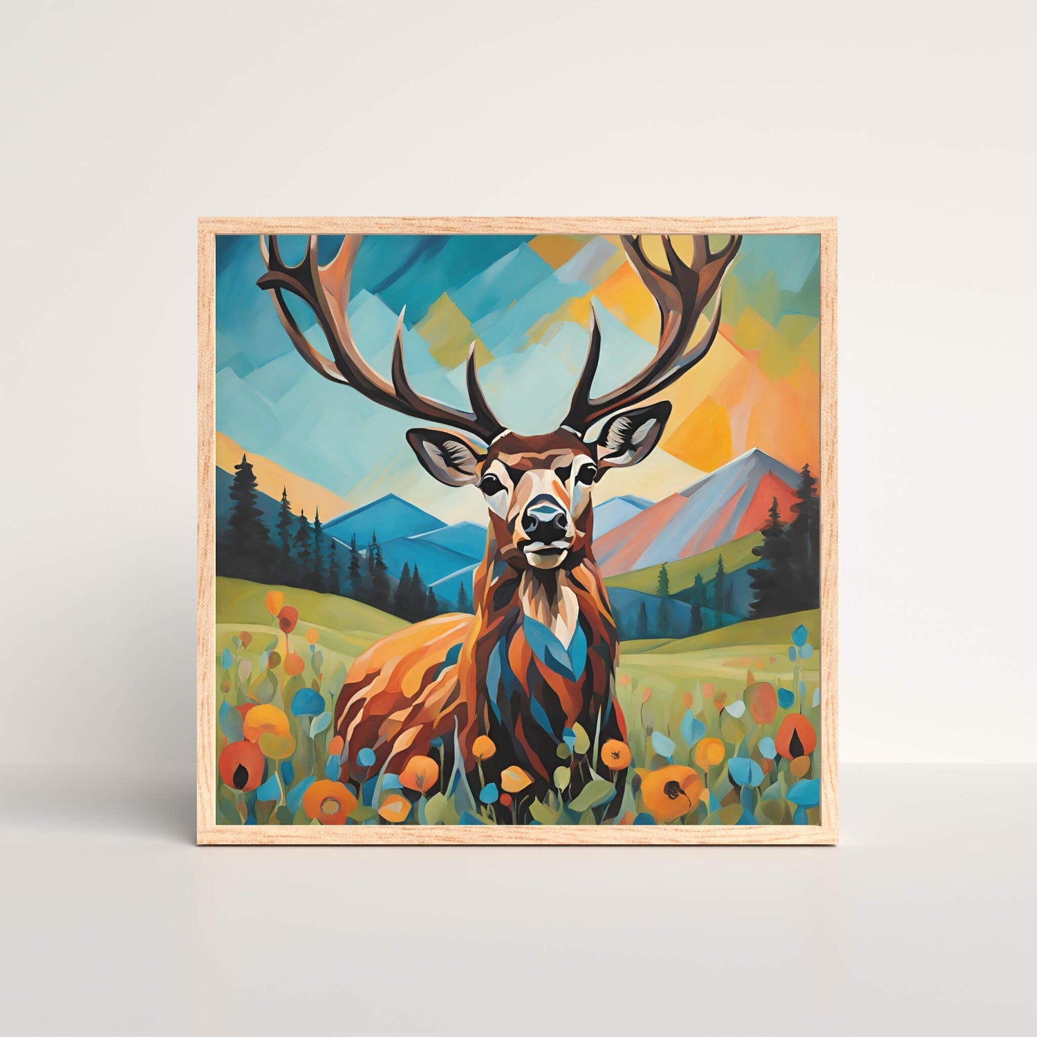 Abstract Geometric Deer Art Print showcasing a bold, colorful deer against a vibrant natural backdrop, designed to complement modern interiors as a stunning wall art piece. Ideal for nature lovers and adds elegance to any space.