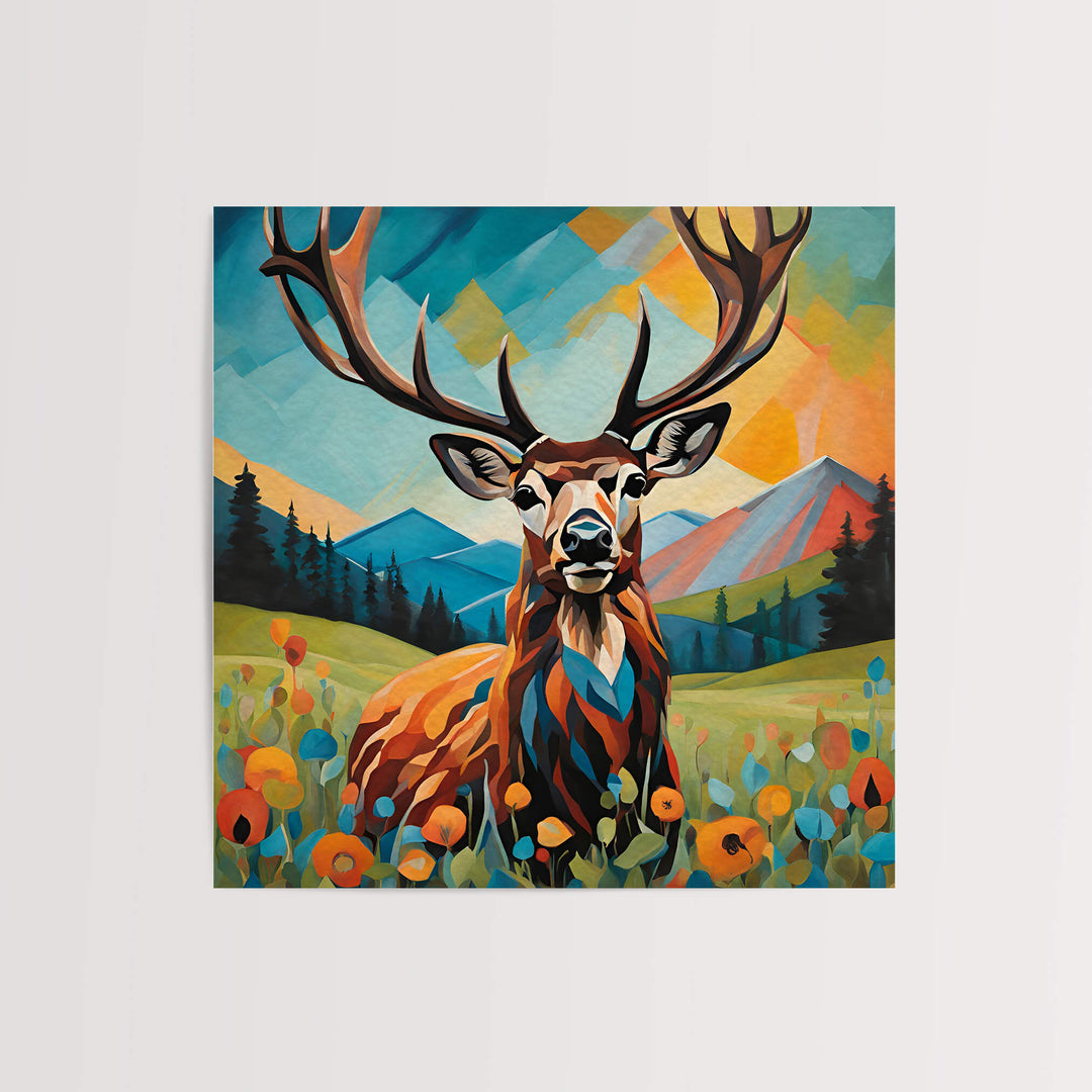 Abstract Geometric Deer Art Print featuring a striking deer in an artful composition of bold colors and geometric shapes, perfect for enhancing decor in contemporary settings, capturing the essence of nature in wall art format.