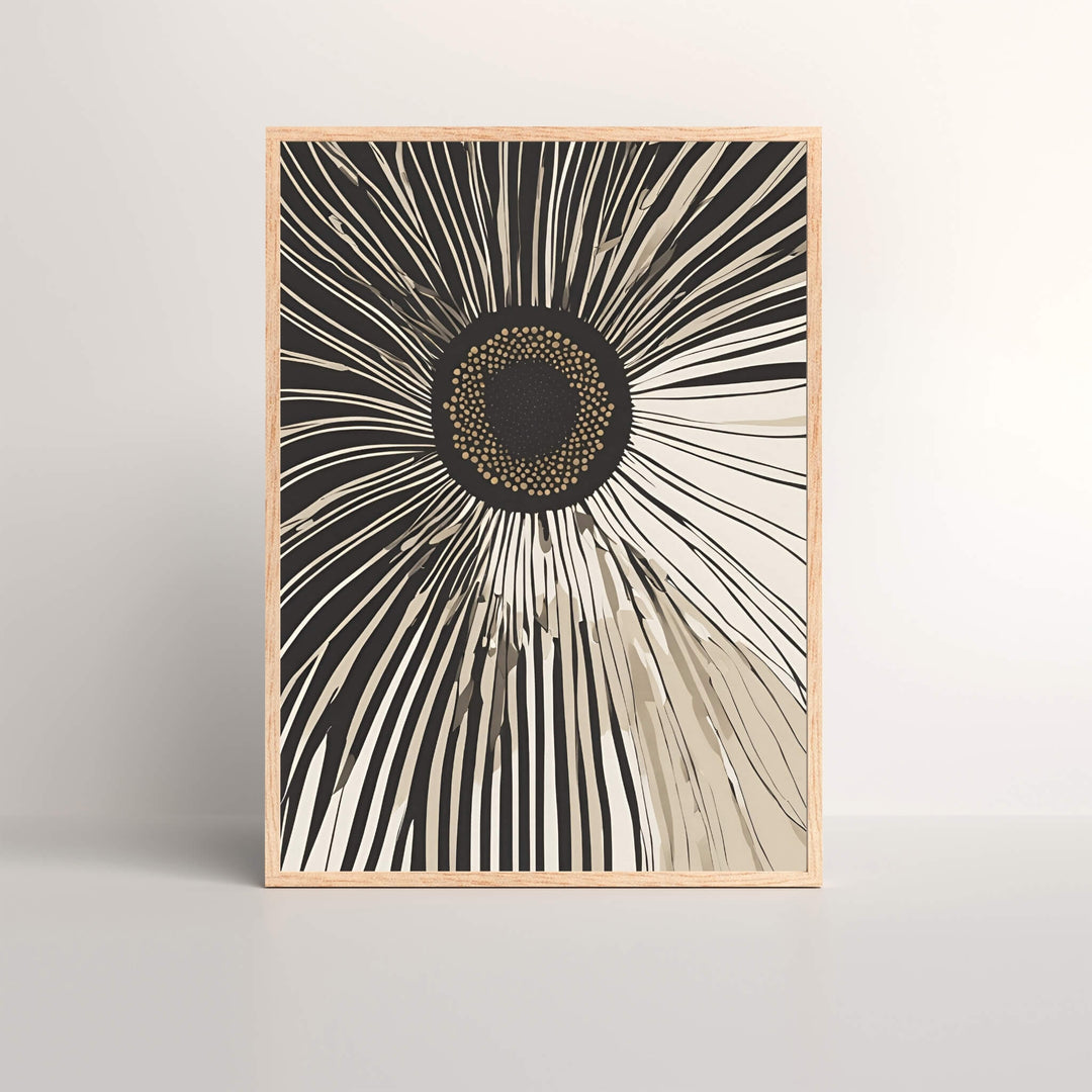 Abstract Sunflower Burst Art Print showcasing a vibrant modern botanical design with earthy tones, perfect for building mountain sky art print decor.