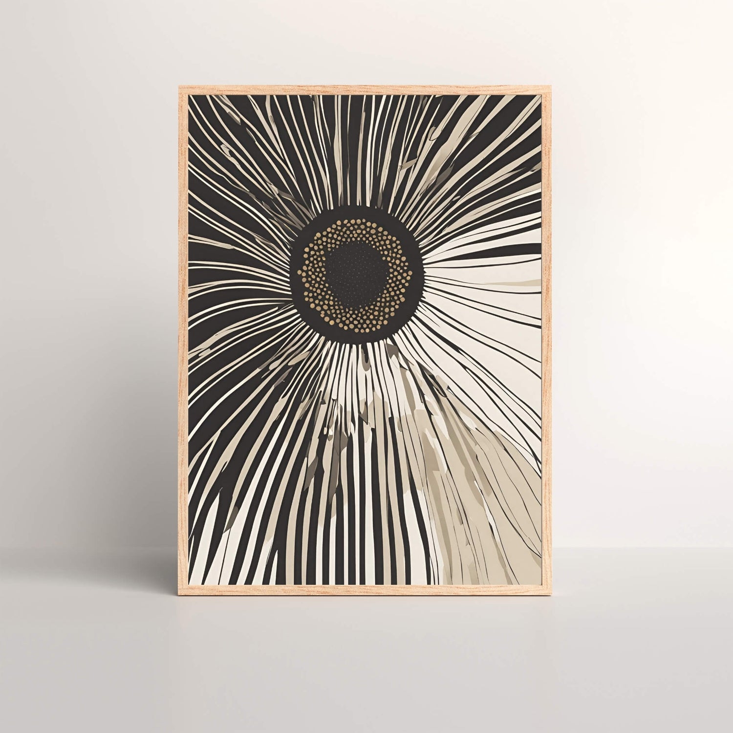 Abstract Sunflower Burst Art Print showcasing a vibrant modern botanical design with earthy tones, perfect for building mountain sky art print decor.