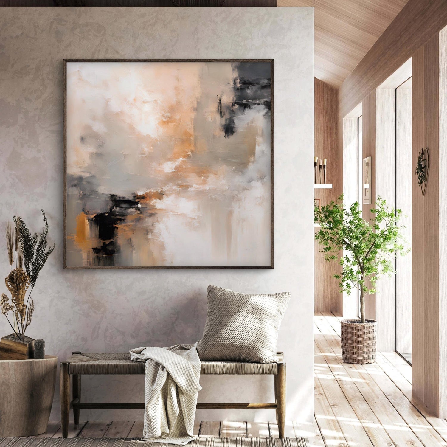 a living room with a couch and a painting on the wall