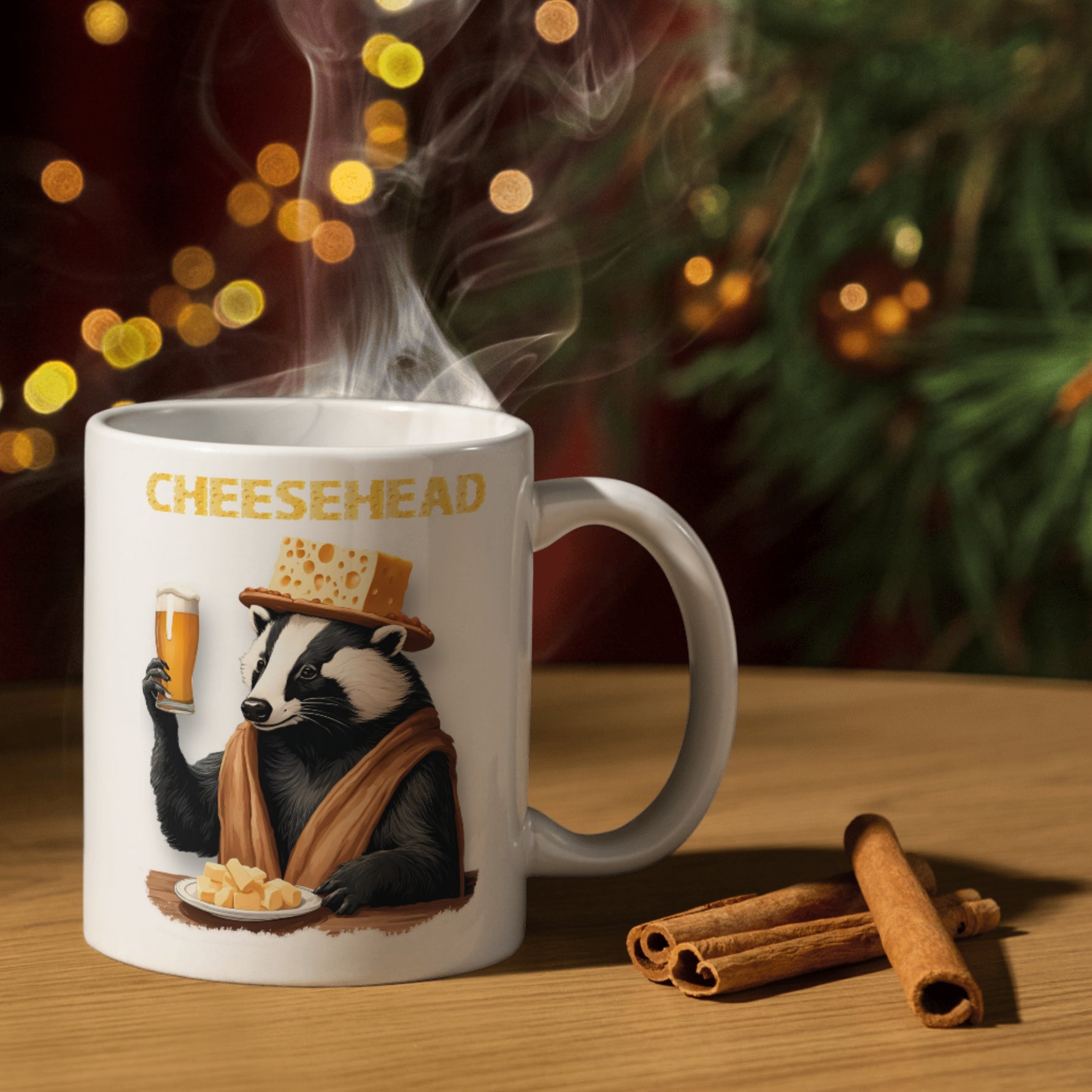 a coffee mug with a badger wearing a cheese hat and holding a glass of