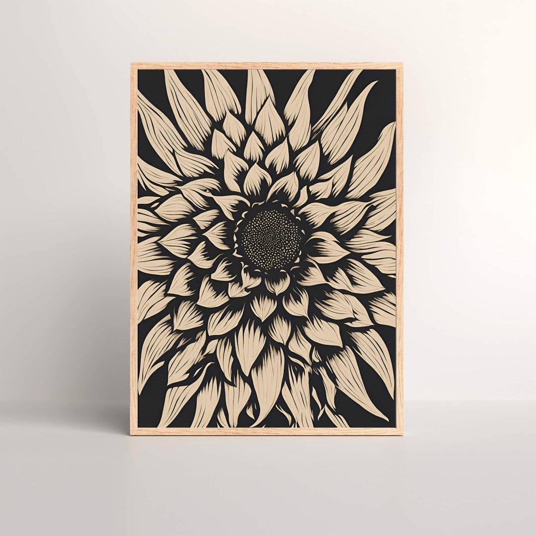 Beige Abstract Sunflower Art Print showcasing an intricate sunflower design in a neutral beige and black palette, perfect for modern and boho home decor.