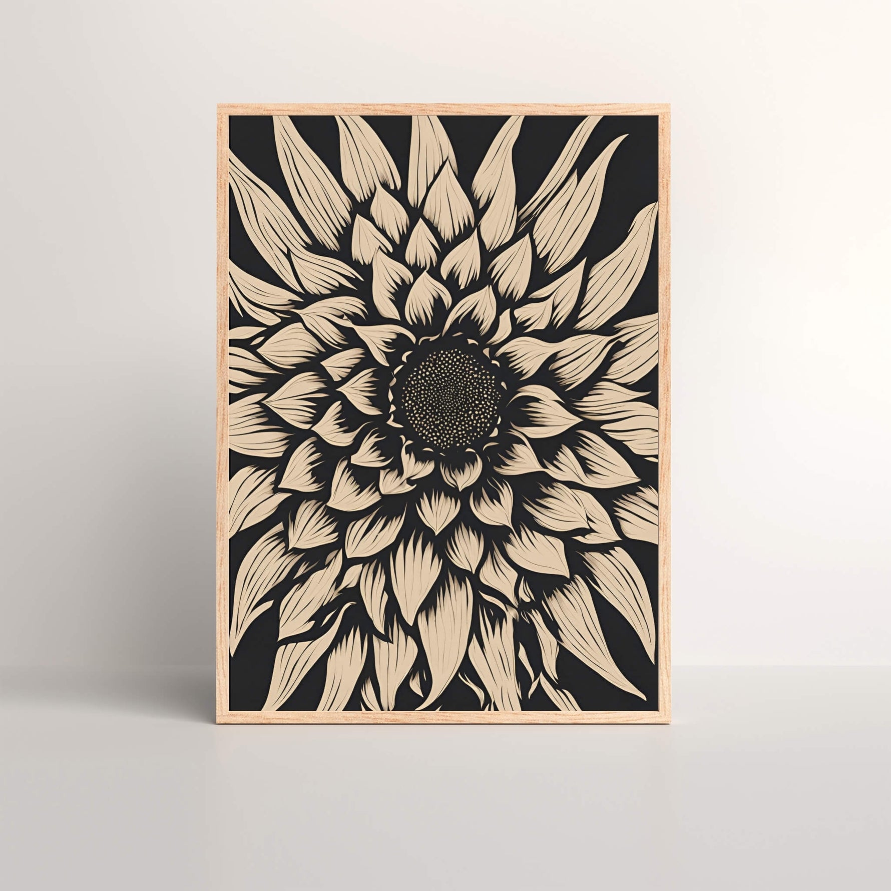 Beige Abstract Sunflower Art Print showcasing an intricate sunflower design in a neutral beige and black palette, perfect for modern and boho home decor.