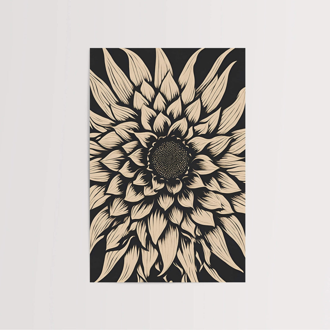 Close-up of the Beige Abstract Sunflower Art Print highlighting the captivating intricate details of the sunflower pattern, ideal for minimalist and farmhouse interiors.