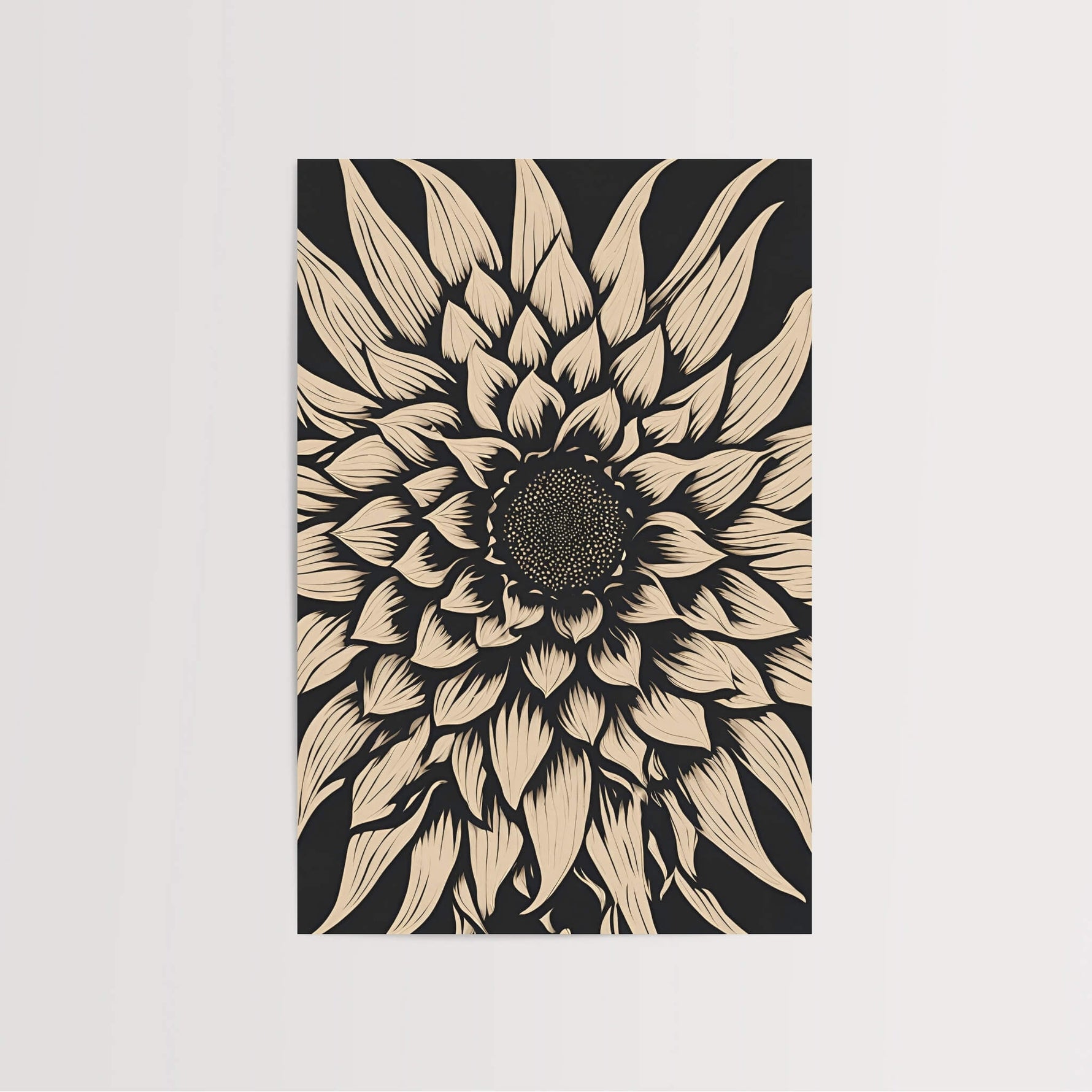 Close-up of the Beige Abstract Sunflower Art Print highlighting the captivating intricate details of the sunflower pattern, ideal for minimalist and farmhouse interiors.