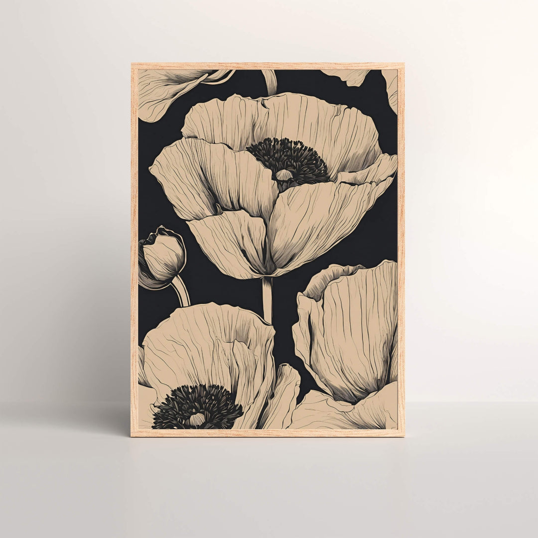 Beige Poppies Wall Art Print, a delicate floral illustration showcasing a neutral beige and black color palette, perfect for modern minimalism and boho decor.