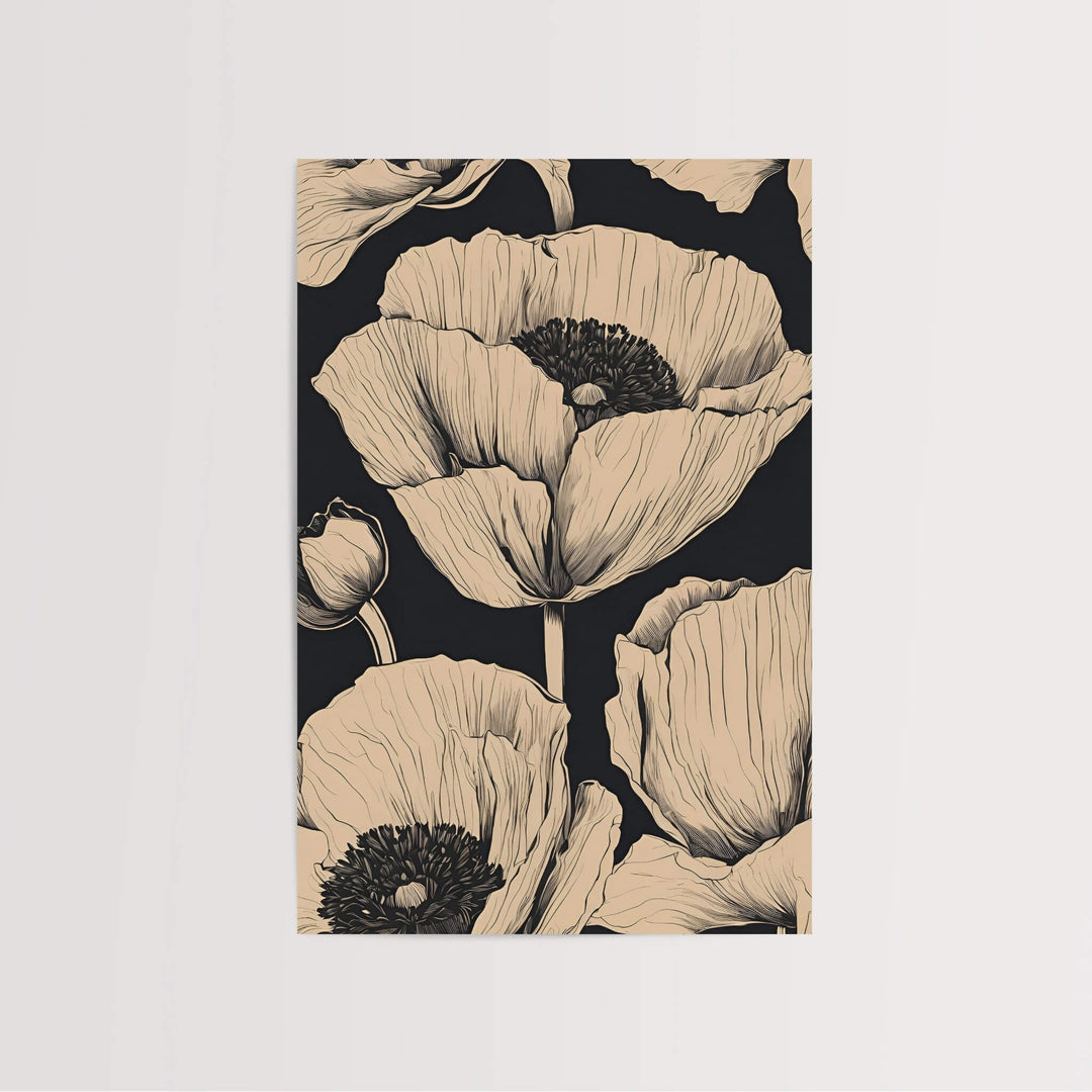 Close-up view of the Beige Poppies Art Print, highlighting intricate details of poppy flowers, ideal for adding elegance to any room's decor.