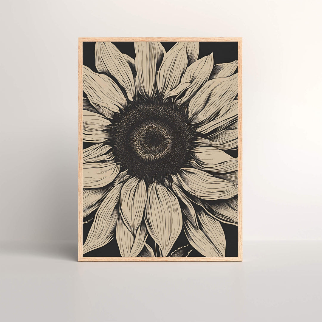 Beige Sunflower wall art print showcasing intricate botanical details in a neutral palette, perfect for modern home decor.