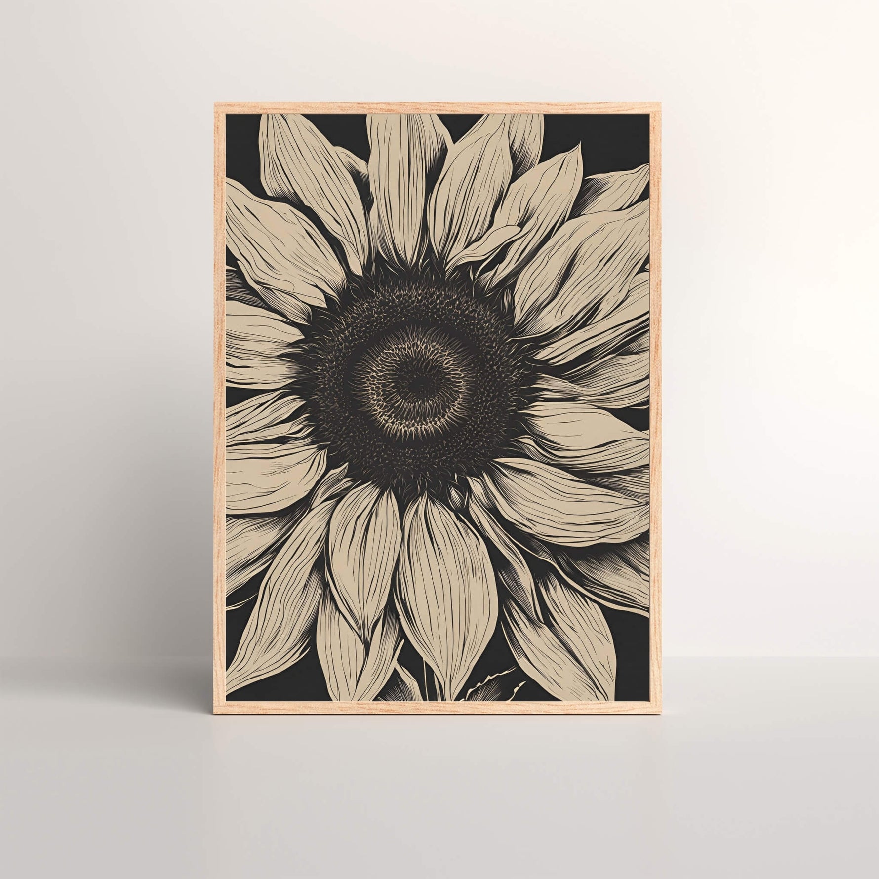 Beige Sunflower wall art print showcasing intricate botanical details in a neutral palette, perfect for modern home decor.