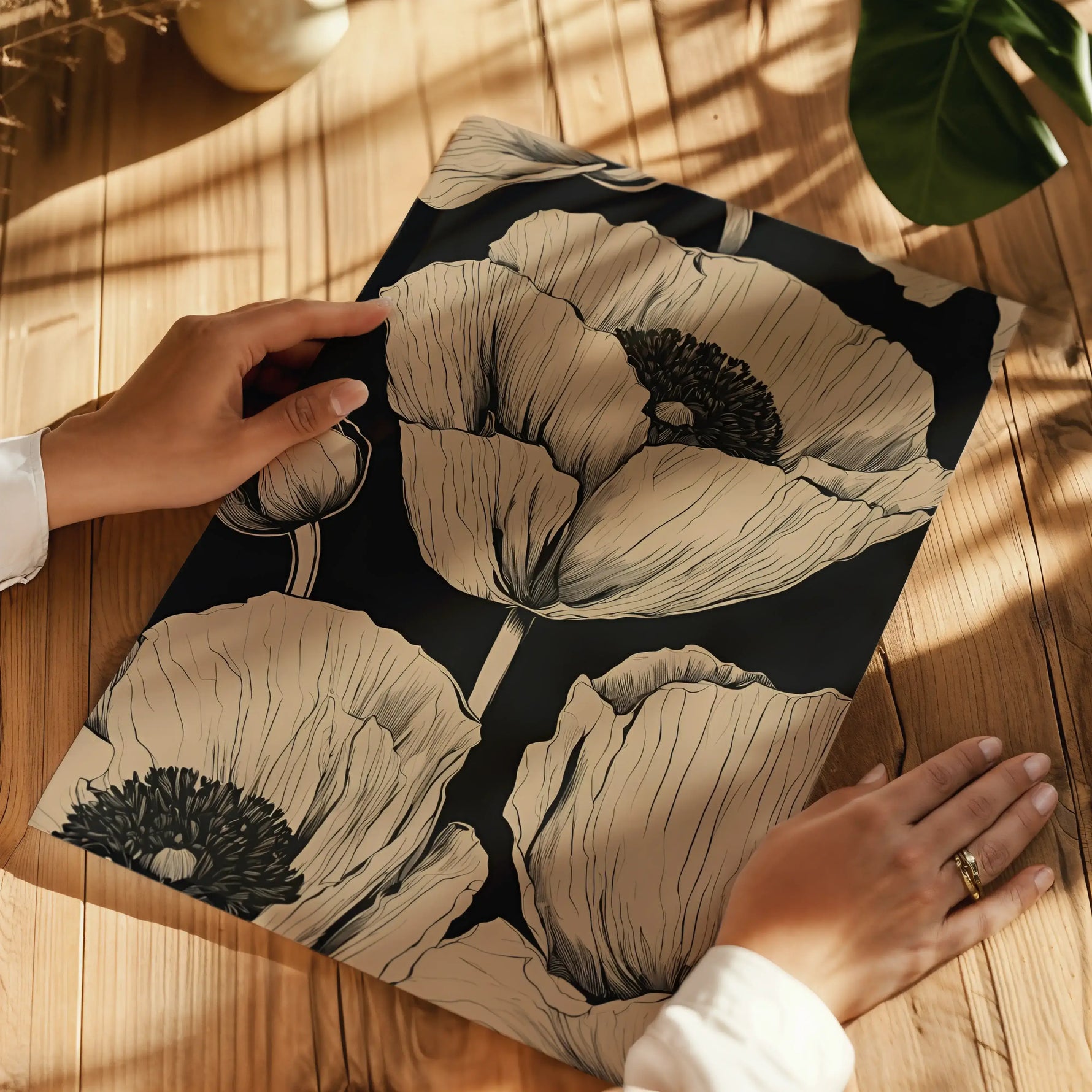 Beige & Black Poppies Fine Art Paper Print Laying Flat On A Table