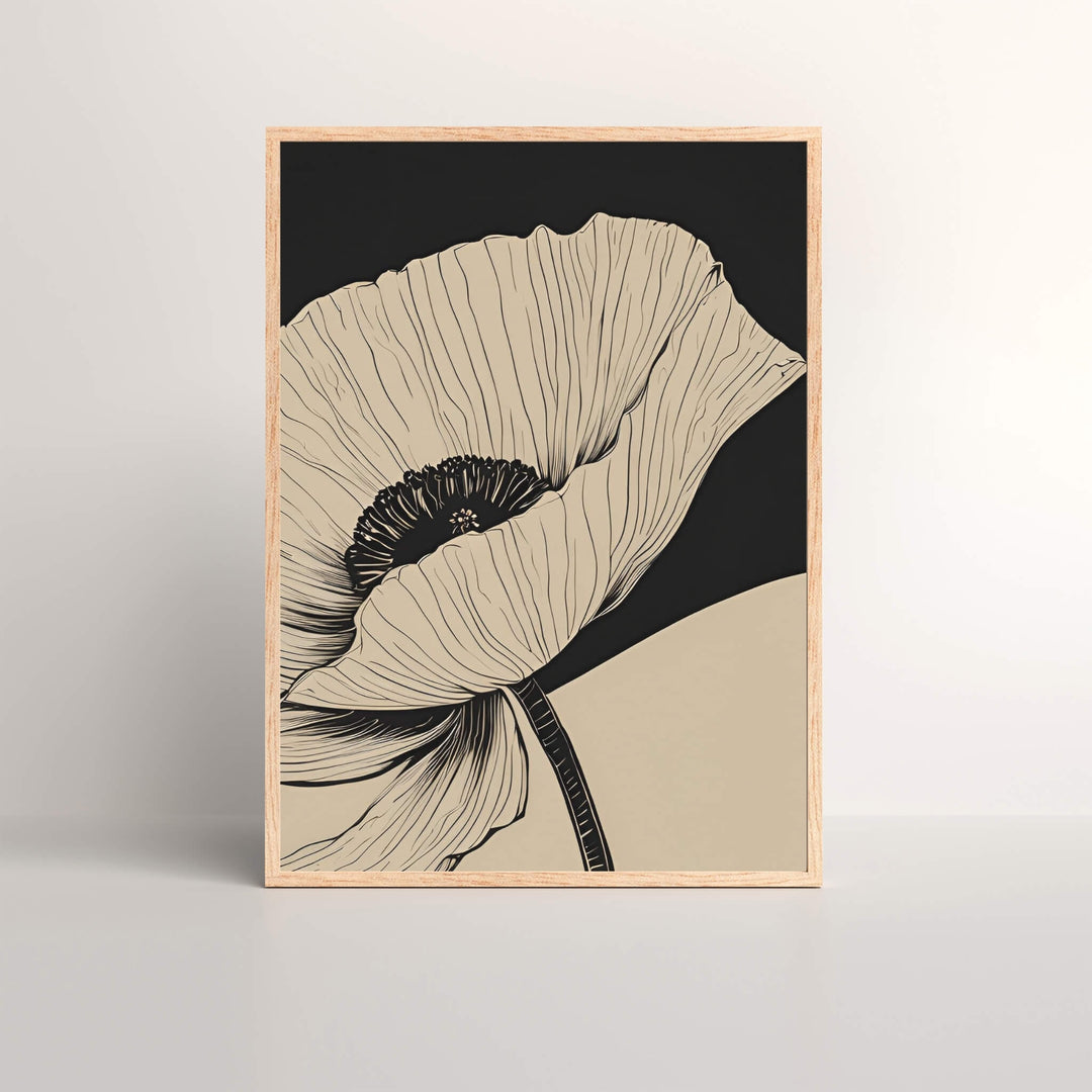 Black & Beige Single Poppy Art Print featuring a single detailed poppy bloom, perfect for enhancing modern decor and a serene atmosphere, ideal for floral art enthusiasts.