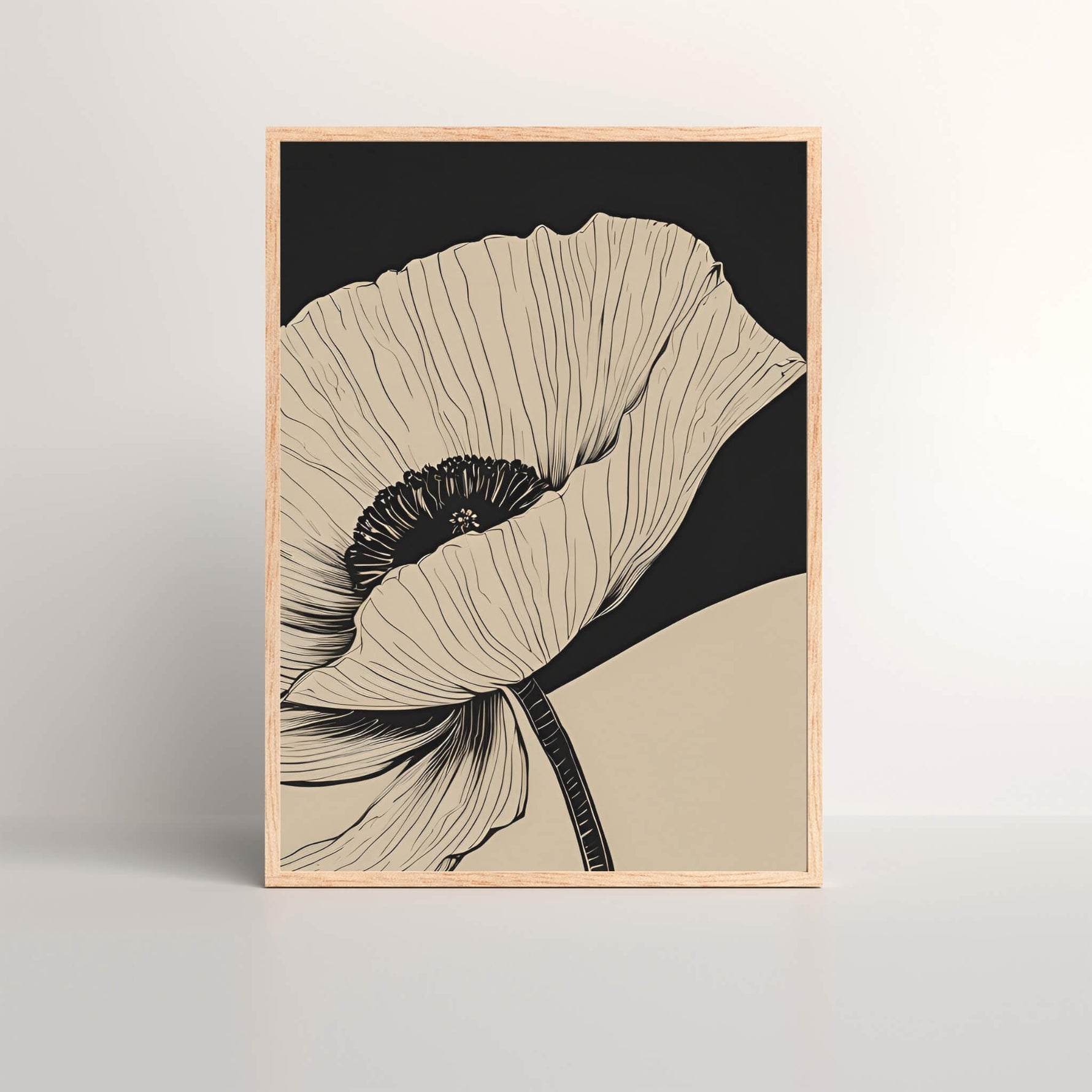 Black & Beige Single Poppy Art Print featuring a single detailed poppy bloom, perfect for enhancing modern decor and a serene atmosphere, ideal for floral art enthusiasts.