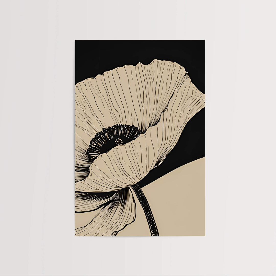 Elegant Black & Beige Single Poppy Art Print showcasing intricate details in black and beige tones, a stunning addition to any wall, emphasizing minimalist sophistication.