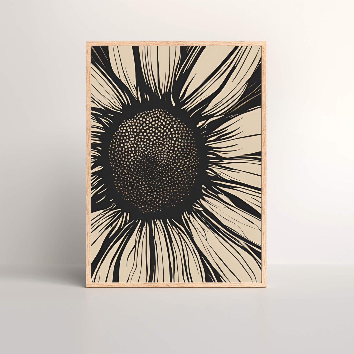 Bold Sunflower Art Print featuring a close-up view of a sunflower's center in black and beige, showcasing high contrast and intricate details, perfect for modern décor and art lovers.