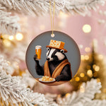 a christmas ornament with a badger holding a glass of beer