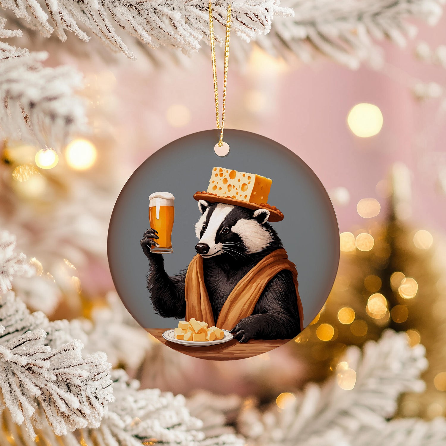 a christmas ornament with a badger holding a glass of beer
