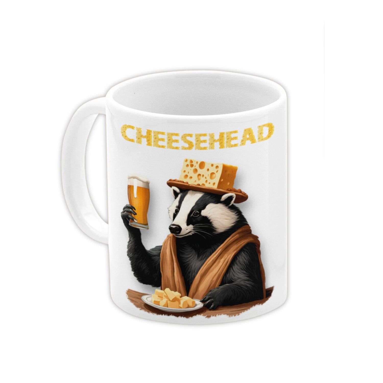 a ceramic mug with a badger holding a glass of beer