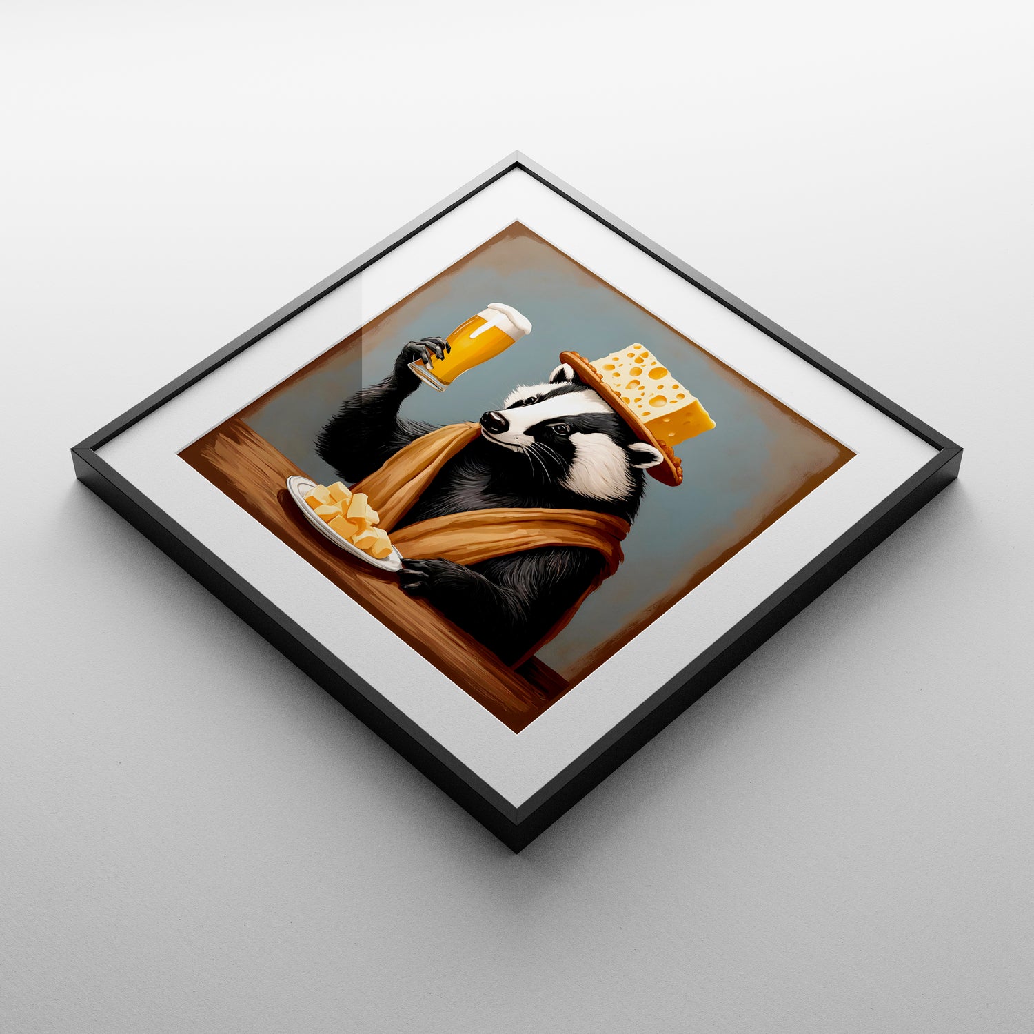Black Framed Art Print of a badger wearing a cheesehead hat raising a glass of beer laying flat on a table