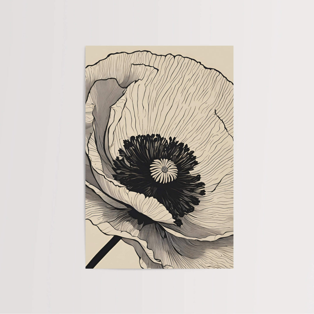 A stunning Close-Up Poppy Art Print featuring an intricately detailed flower, ideal for enhancing the beauty of any room with its elegant design.