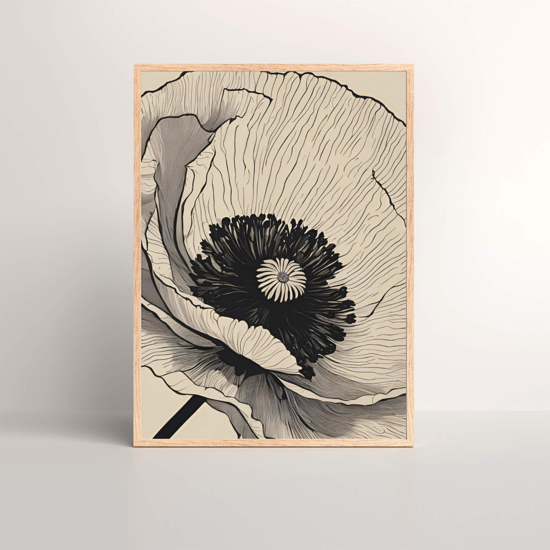 Close-Up Poppy Art Print showcasing a detailed bloom in a sophisticated black and beige palette, perfect for modern, boho, or minimalist decor.