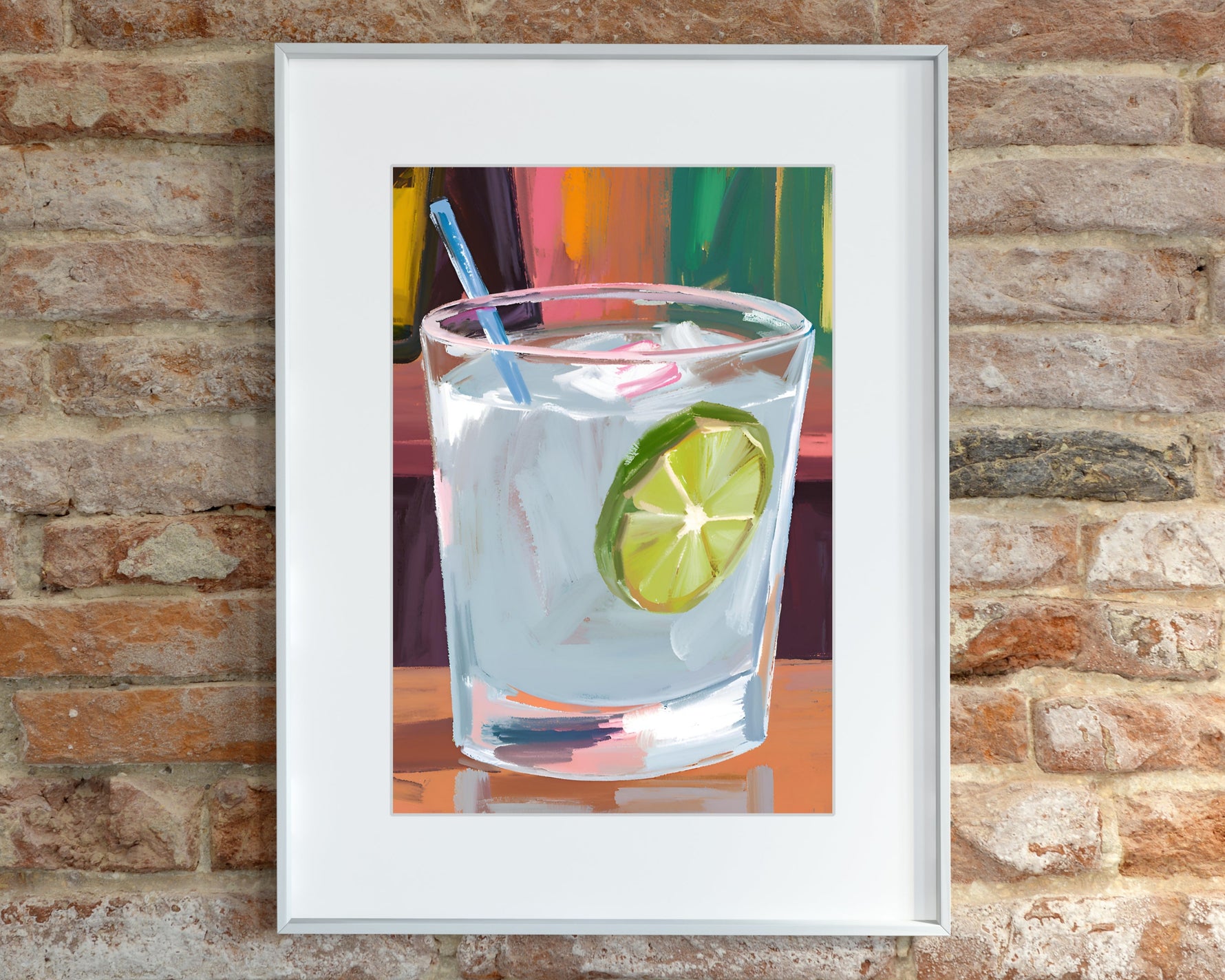a painting of a gin and tonic with a lime