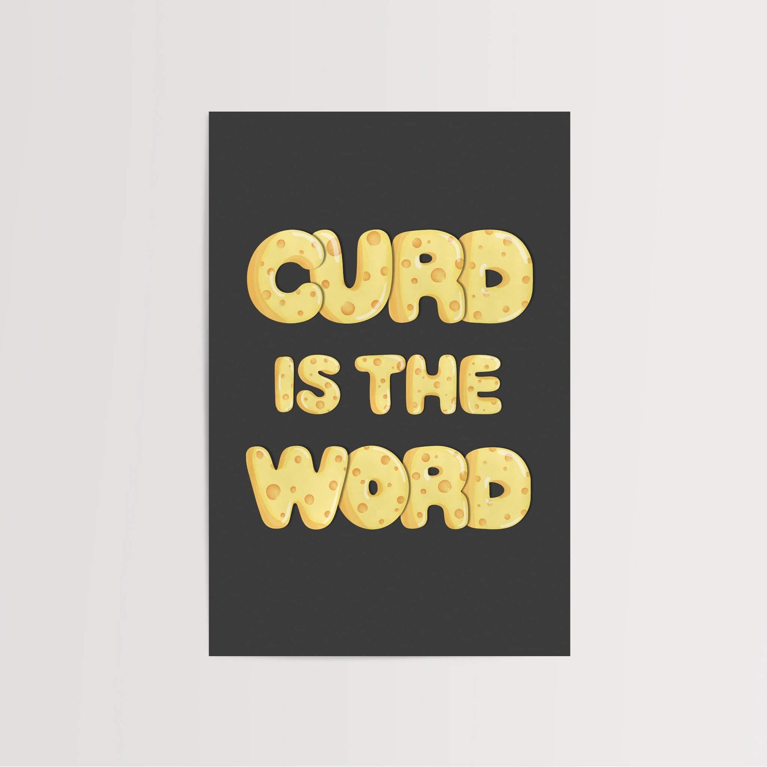 Funny unframed cheese-themed wall art in wooden frame mockup"