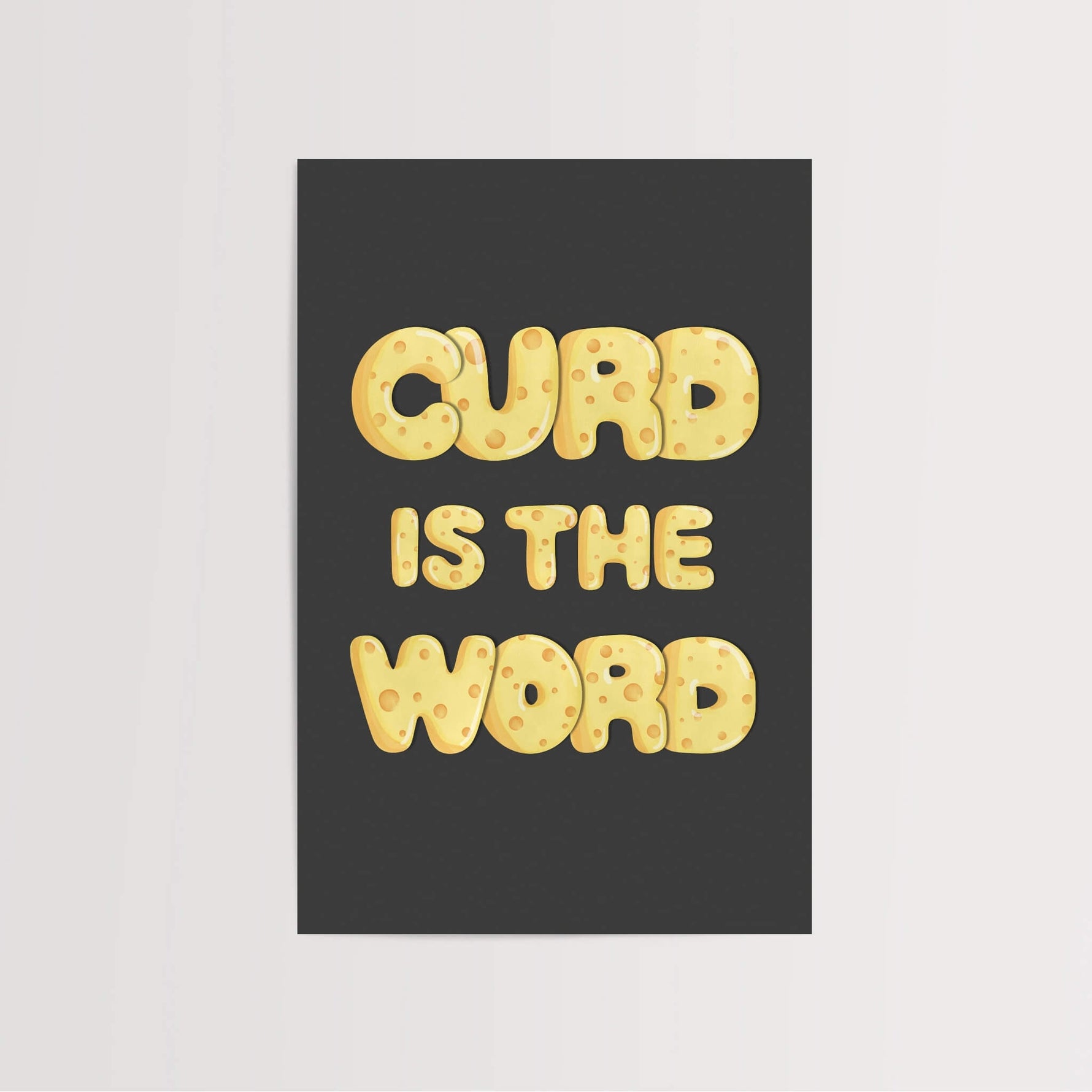 Funny unframed cheese-themed wall art in wooden frame mockup"