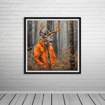 a painting of a deer wearing an orange jacket
