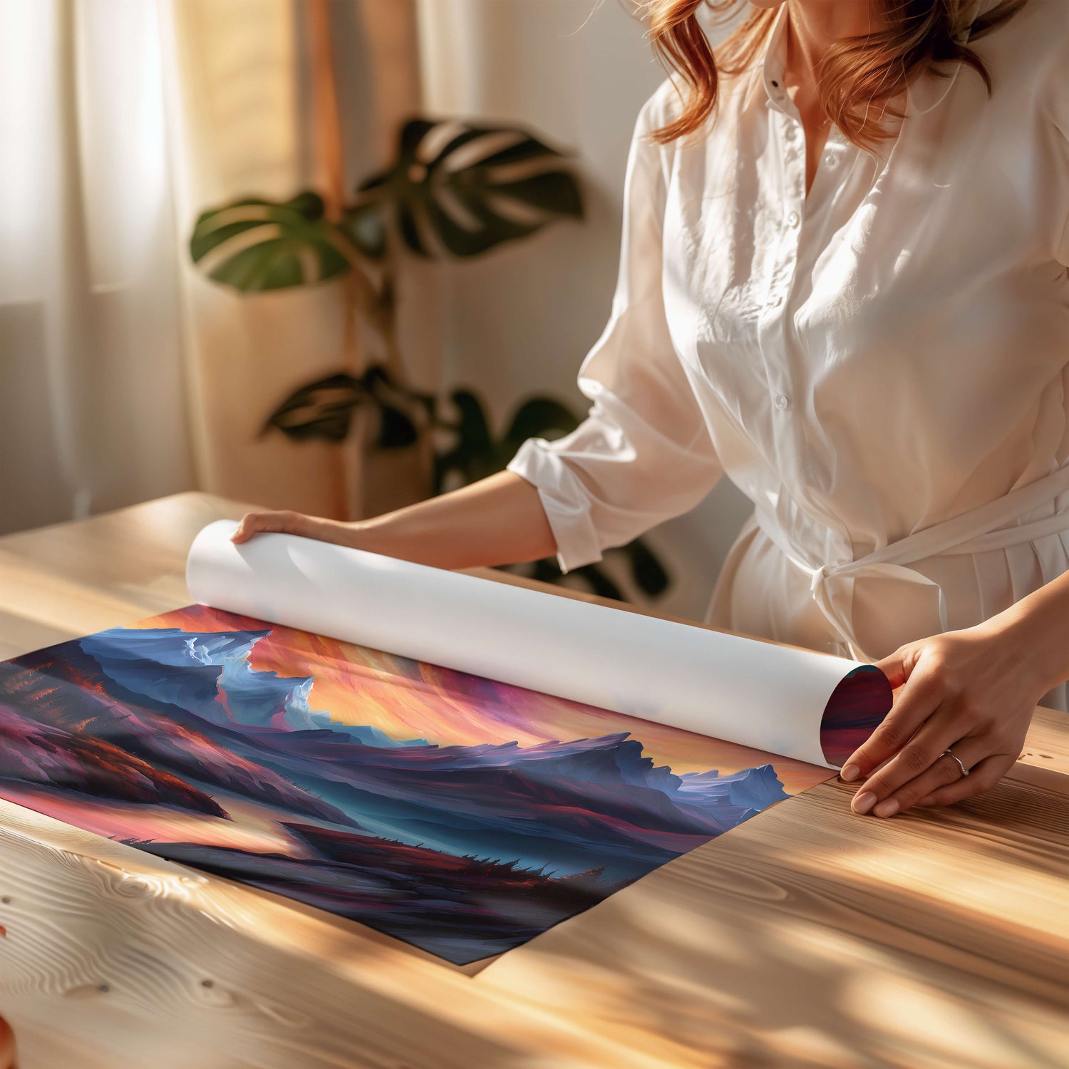 A person rolling the Dreamy Mountain Sky art print on a wooden table, preparing it for display, surrounded by warm, natural light.