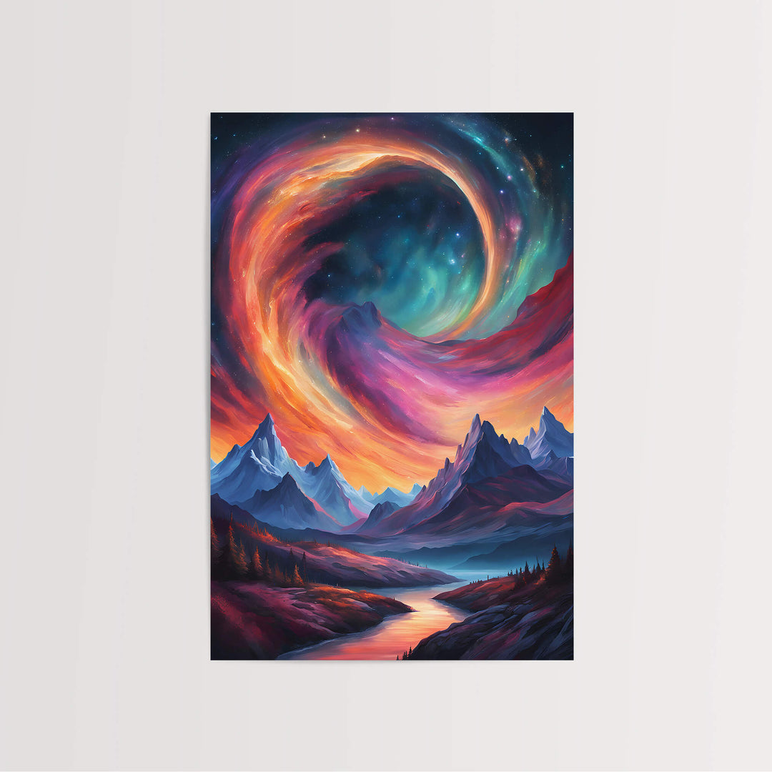 Dreamy Mountain Sky art print hung on a wall, showcasing an abstract mountain landscape with bright colors and a cosmic swirl.