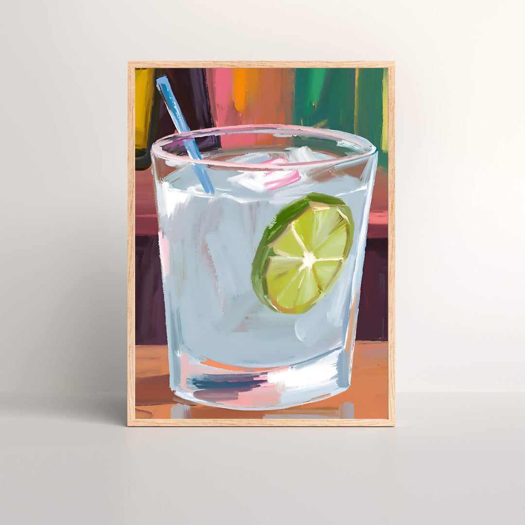 Framed colorful art print of a gin and tonic cocktail 