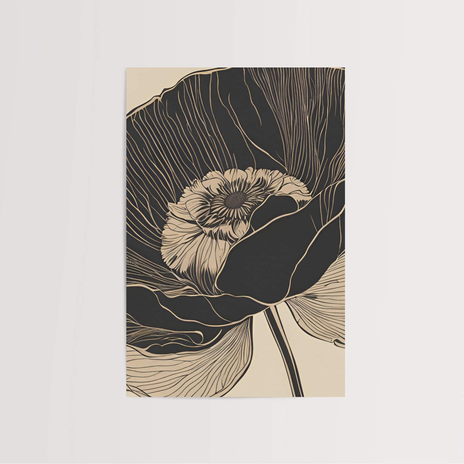 Moody Poppy Art Print displayed in a sophisticated interior setting, emphasizing its dramatic flair and versatile decor appeal.