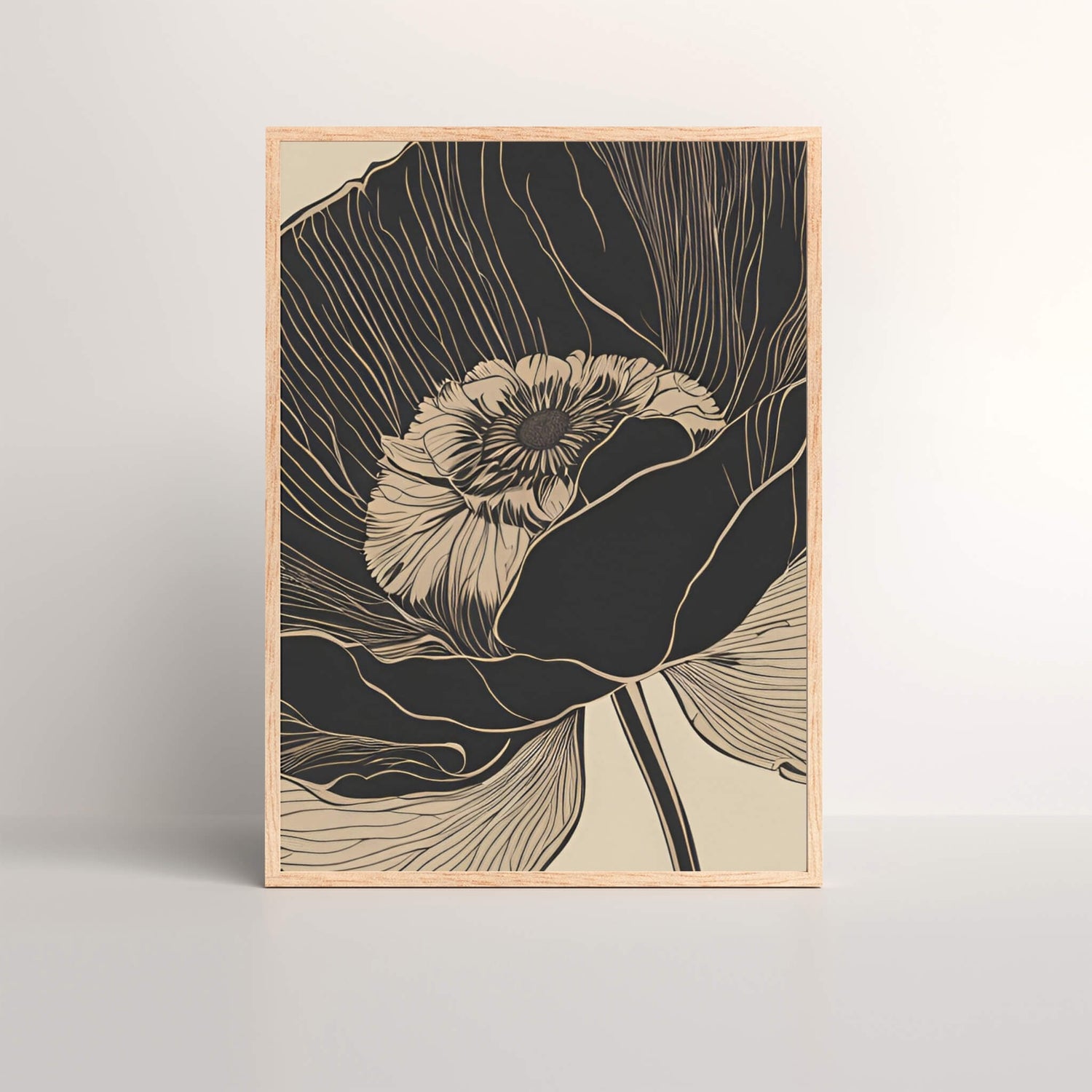 Close-up image of the Moody Poppy Art Print featuring rich black and beige tones, showcasing the bold contrast and delicate floral details.