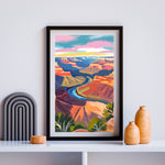 a painting of a river flowing through a canyon