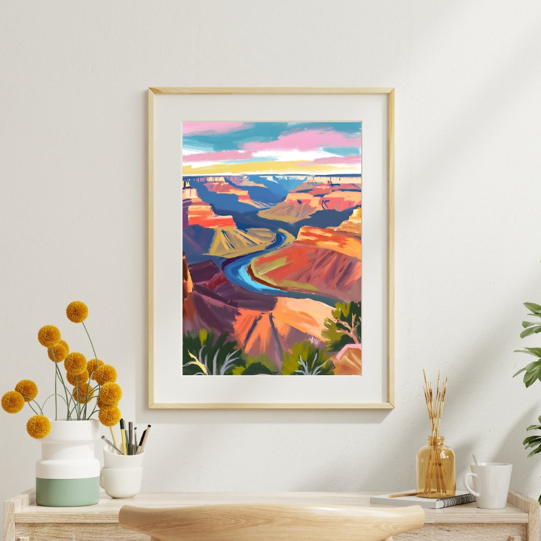 a painting hanging on a wall above a desk