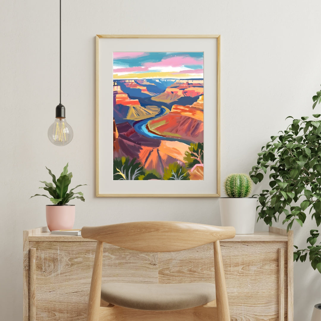 a painting hanging on a wall next to a chair