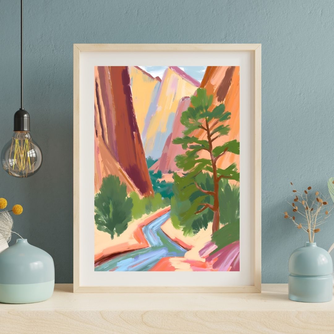 a painting of a mountain stream in a frame